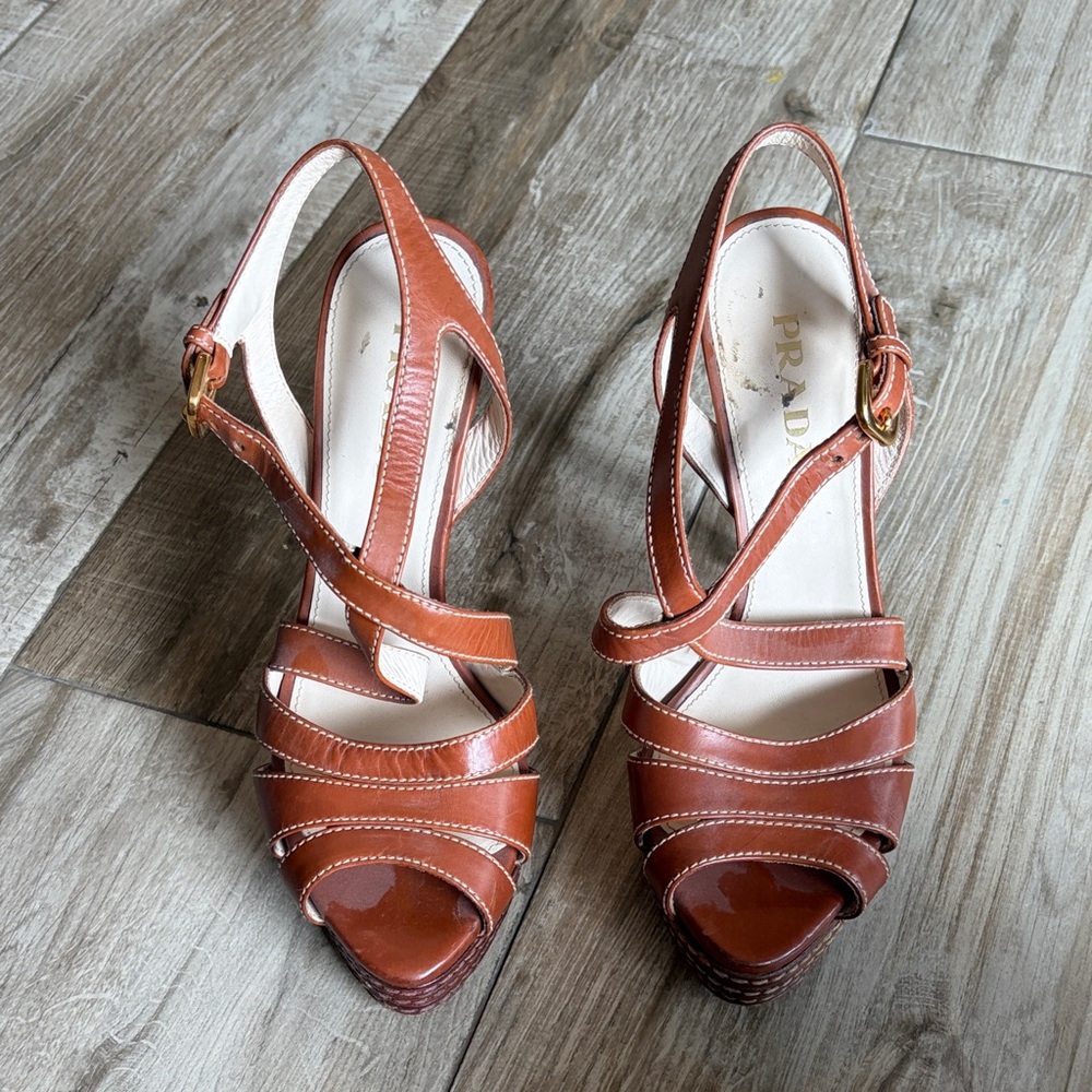 Prada Cognac Leather Strappy Slingback Heels